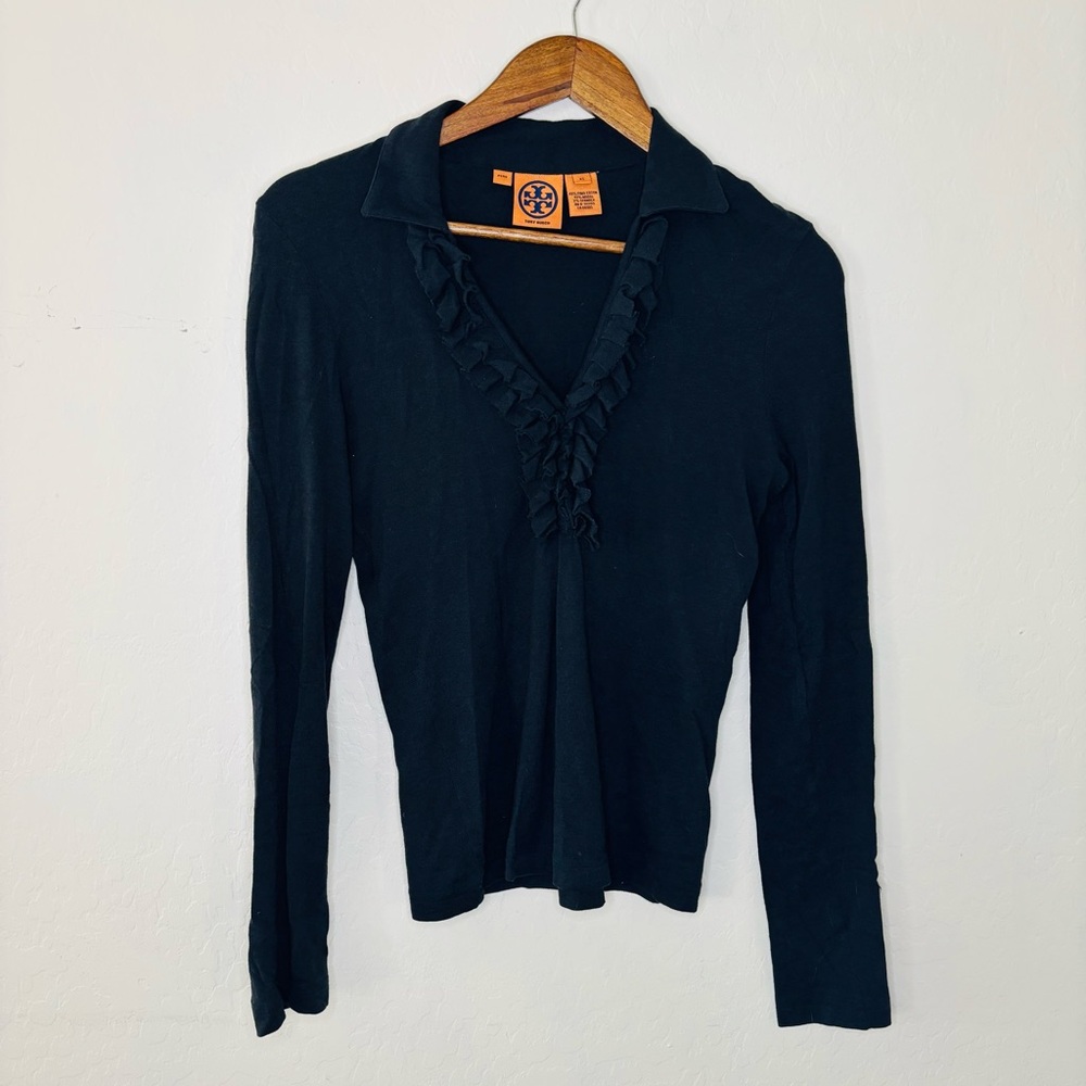Tory Burch Black Ruffle Front Top Women’s‎ XS Pima Cotton Blend Long Sleeve